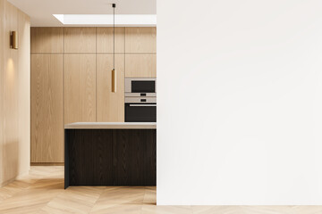 Wooden home kitchen interior with cooking cabinet and bar island. Mockup wall