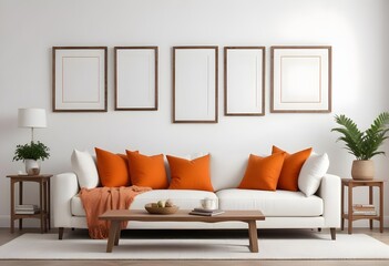 Four empty vertical picture frames in a modern living room with a white sofa, orange pillows, and plants.Generative AI