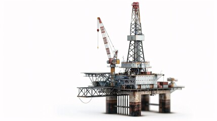High-resolution stock photo of an offshore drilling rig, isolated on a white background, featuring intricate details captured through focus stacking for a crisp and clear image