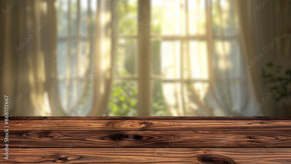 Poster empty wood table top with blur background of window with home garden view. the table giving copy spa