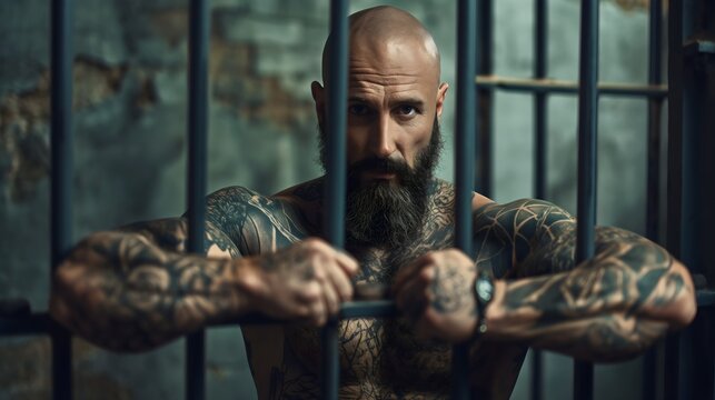 A muscular, bald, and tattooed man, prisoner, with a big black beard is behind bars in a jail, prison waiting for his freedom. He has a dangerous look and a watch on his hand. Criminal actions