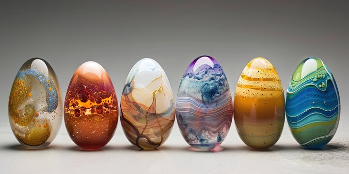 glass easter eggs decorated in a variety of colorful designs