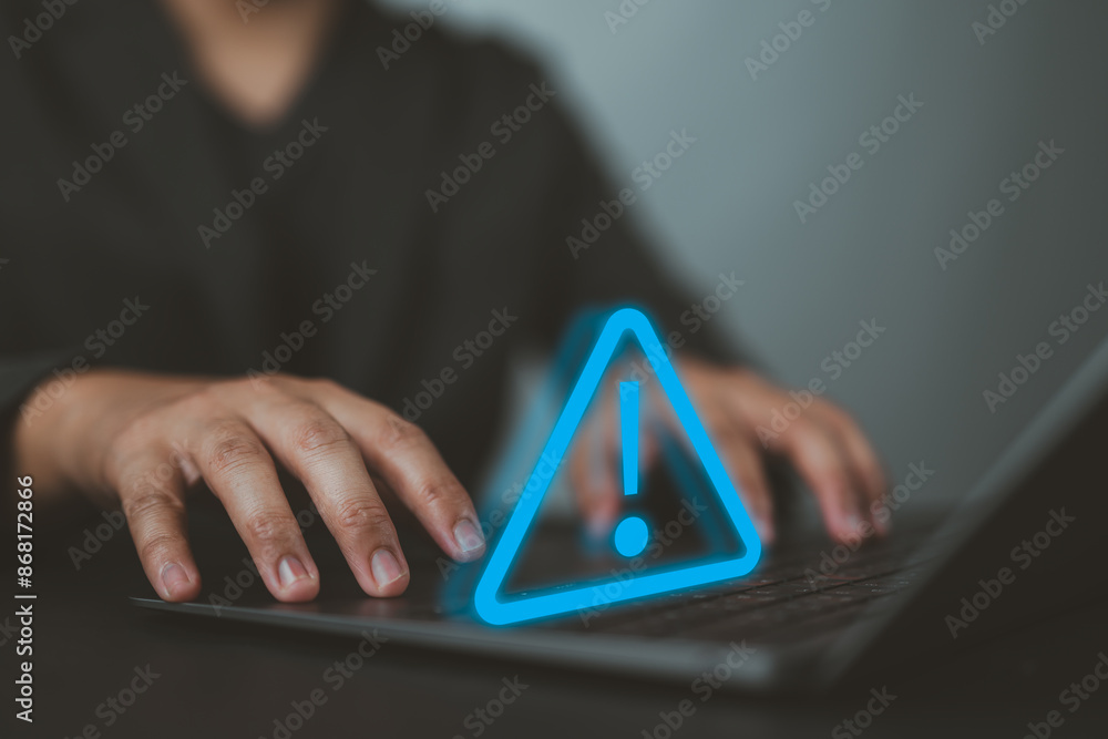 Poster Developer using laptop with warning triangle sign for error notification and maintenance concept