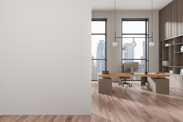 Modern office with wooden furniture, minimalist design, city view through large windows, bright space, concept of workspace. 3D Rendering