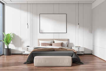 Modern bedroom with minimalist furniture, hardwood floor, and a large window, light background. Concept of contemporary living. 3D Rendering