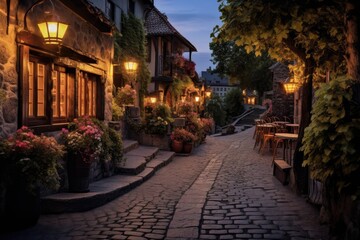 Fototapeta premium Evening Glow: Capture a glass of wine with a candlelit village street in the evening.