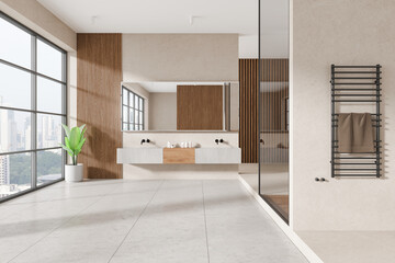 Modern bathroom with large windows, wooden and stone elements, and urban view in the background. Concept of luxury interior. 3D Rendering
