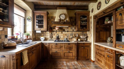 Rustic kitchen with wooden cupboards and ceramic backsplash