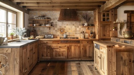 Rustic kitchen with wooden cupboards and ceramic backsplash