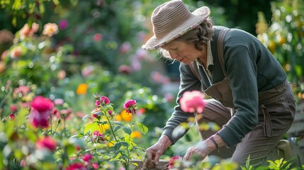 Serene Vintage Gardener Planting Roses in a Quaint Cottage Garden
