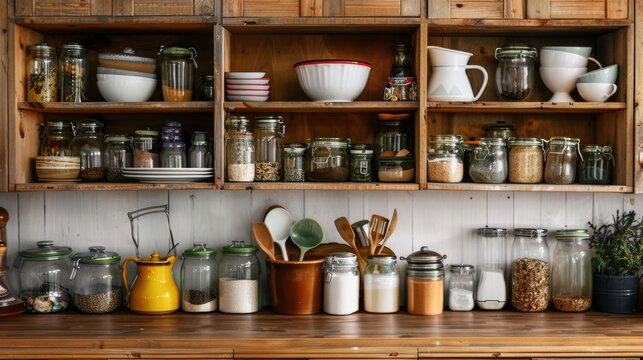 Open wooden cupboard displaying organized kitchen items