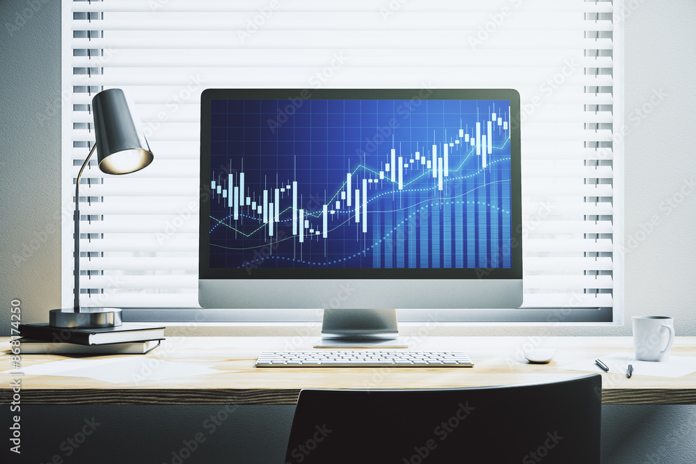 Poster Modern computer monitor with abstract creative financial chart, research and strategy concept. 3D Rendering