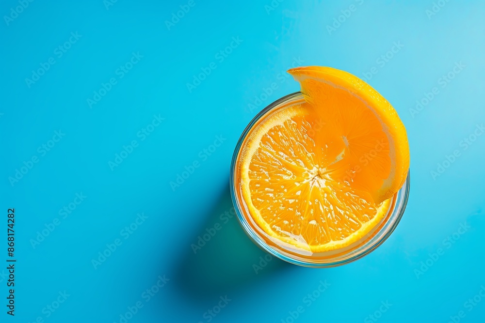 Poster a close-up shot of a glass with a slice of orange and a wedge of orange on a blue background. genera
