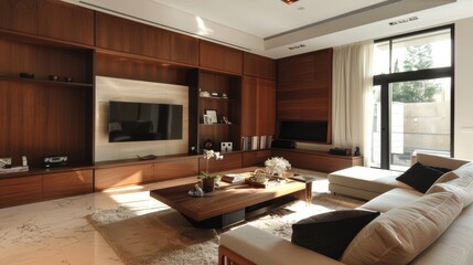 Modern living room with sleek wooden cupboards and clean lines
