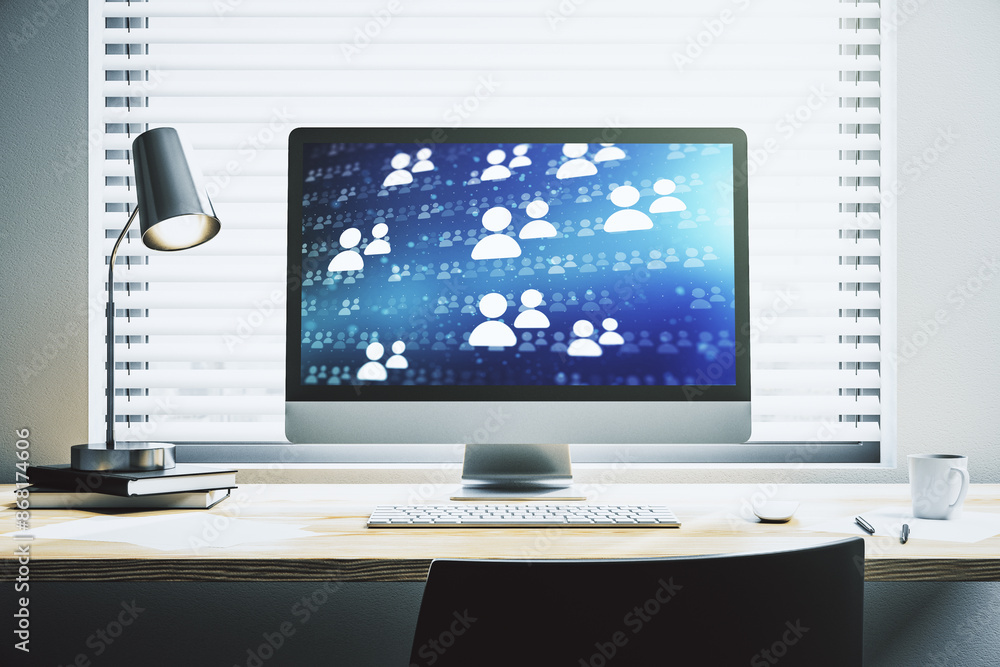 Poster social network concept on modern laptop screen. 3d rendering