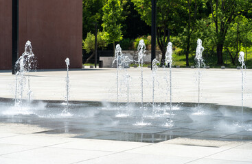 Fountain Water, Falling Fountain Jets, Waterfall Splashes, Waterfalls Motion, Summer Park Stream
