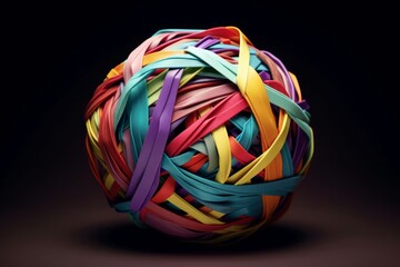 Ball made from colorful ribbons on dark background.