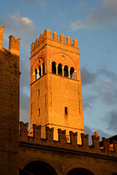 Torre dell' Arengo Tower of the Palazzo della Podesta in Bologna, Italy at Dusk