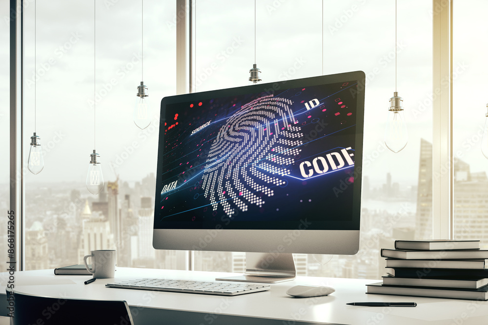 Poster Abstract creative fingerprint concept on modern laptop screen. 3D Rendering