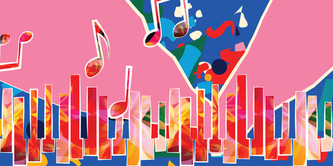 Musical background, play and download music concept. Musical notes on colorful backdrop. Piano keys party poster