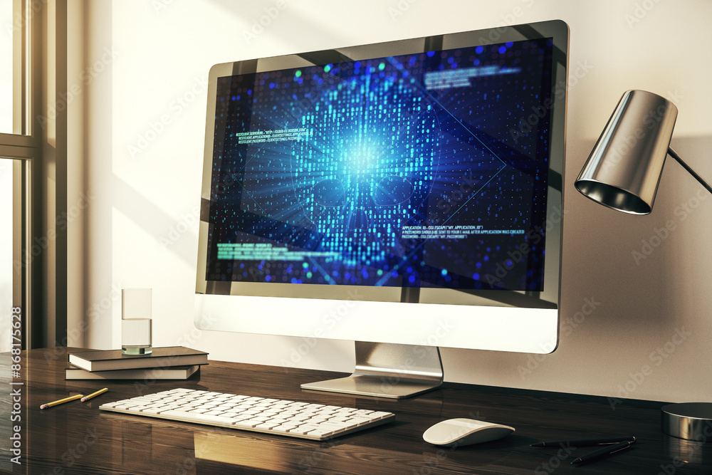 Poster Modern computer monitor with creative code skull hologram. Malware and cyber crime concept. 3D Rendering