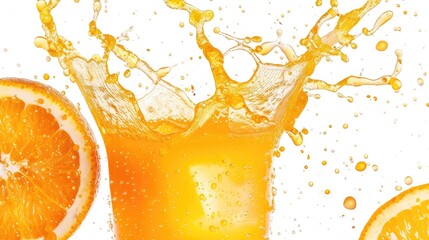 A glass of orange juice with a splash of orange juice on the side