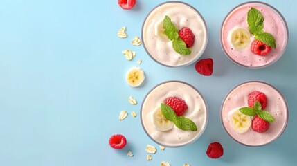 A blue background with four different colored glasses of fruit smoothies with ba