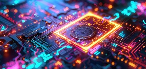 Obraz premium Futuristic Depiction of Cryptocurrency and Blockchain Technology with Glowing Circuit Board and Bitcoin Symbol