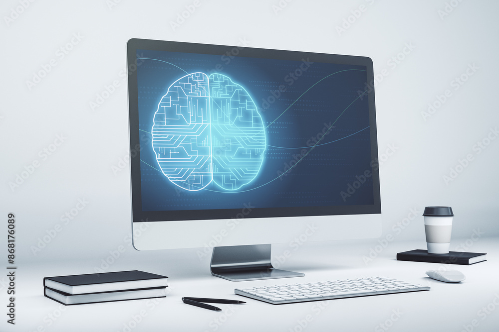 Leinwandbilder modern computer display with creative human brain microcircuit. future technology and ai concept. 3d