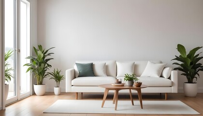 Modern Minimal clean clear contemporary living room home interior design daylight background,beige white sofa couch in living room daylight from window freshness moment mock up interior