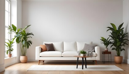 Modern Minimal clean clear contemporary living room home interior design daylight background,beige white sofa couch in living room daylight from window freshness moment mock up interior