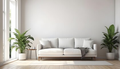 Modern Minimal clean clear contemporary living room home interior design daylight background,beige white sofa couch in living room daylight from window freshness moment mock up interior