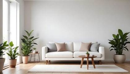 Modern Minimal clean clear contemporary living room home interior design daylight background,beige white sofa couch in living room daylight from window freshness moment mock up interior