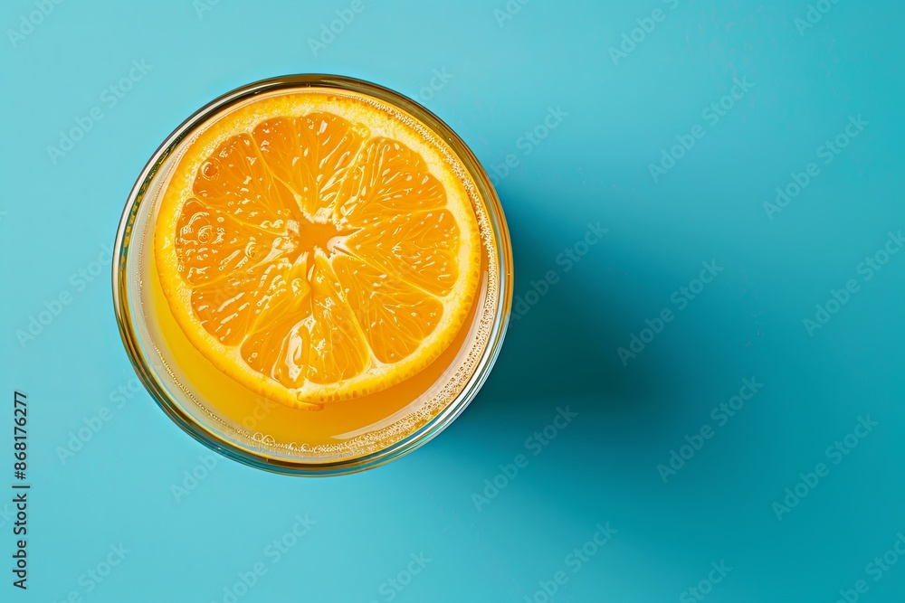 Poster a top view of a glass of orange juice with a slice of orange on top, set against a blue background. 