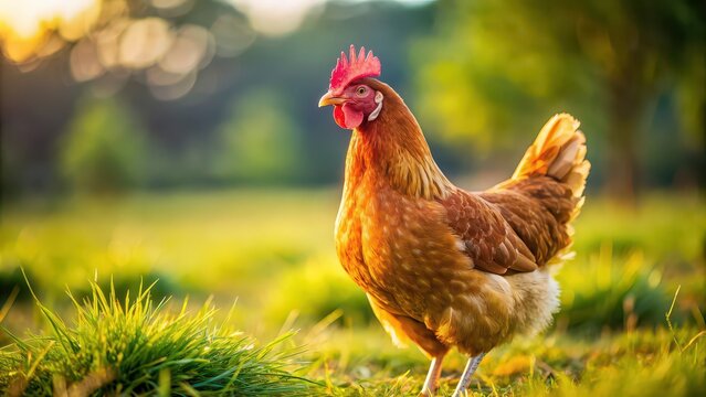 Close up of a chicken standing on a farm field, farm, poultry, bird, feathers, livestock, agriculture, rural
