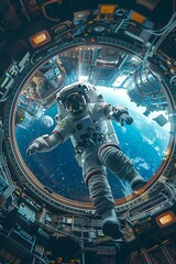 Obraz premium An astronaut floats in space, gazing at Earth through a round window. The blue planet and the vast expanse of space fill the background.
