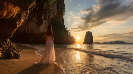 An enchanting scene of a woman in an elegant white dress standing on Phra Nang Beach, Thailand at sunset with dramatic cliffs and watercolor skies.