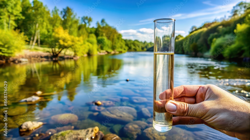 Poster Test tube filled with river water for environmental chemical analysis, ecology, environment, protection, river