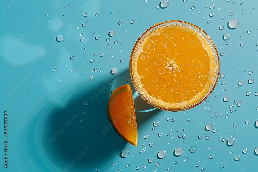 Fototapete a close-up image of a fresh orange slice and a glass of orange juice on a teal background with water