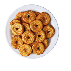 Round crackers with a hole and salt on a white background