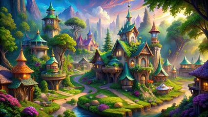 Elves Town populated by magical creatures with colorful buildings and lush greenery, fantasy, fairytale, whimsical, enchanted