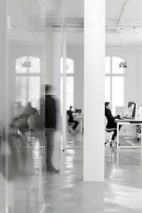 office in white blurry background subtle people blurry