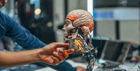 A person using a brain-computer interface to control a robotic prosthetic limb, showcasing advancements in assistive technology for individuals with disabilities