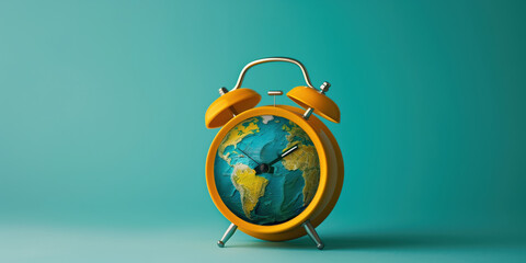 An alarm clock counting down to climate change. Set on a blue background