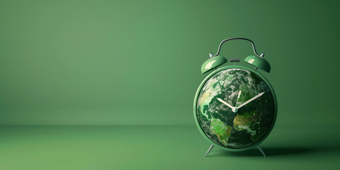 An alarm clock counting down to climate change. Set on a green background
