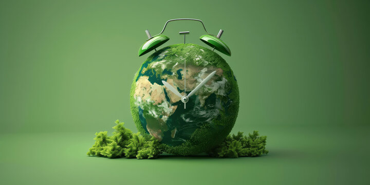 An alarm clock counting down to climate change. Set on a green background