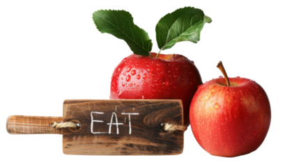 Apple with sign reading eat more fruit on transparent background