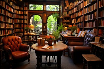 Obraz premium Bookish Bliss: Highlight a cozy drink with a charming village bookstore or library. 