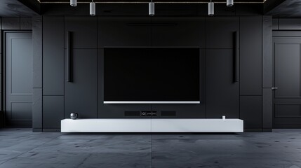 Elegant black panel wall design with a sleek white LCD rack in a minimalist den