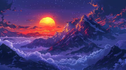 Fototapeta premium Vibrant sunset over ethereal mountain peaks with a colorful sky and dreamy clouds, creating a serene and majestic natural landscape.